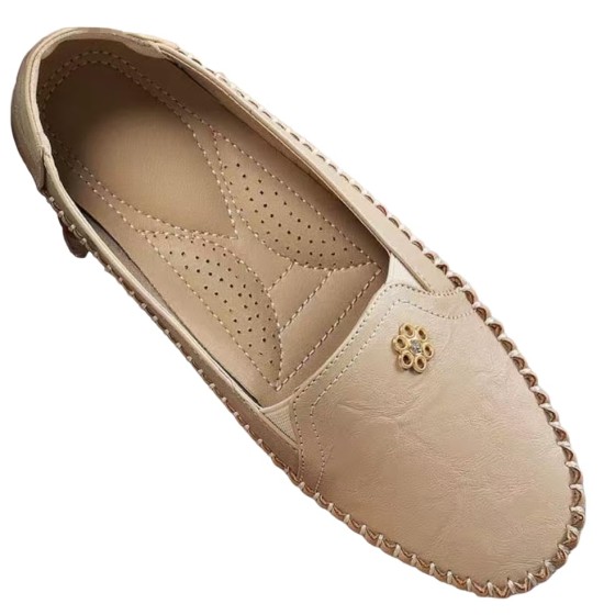 Women's Orthopedic Leather Loafers, Beige Slip-On Flats, Casual Comfort Walking Shoes with Barefoot Feel, Anti-Slip Rubber Sole, PU Upper