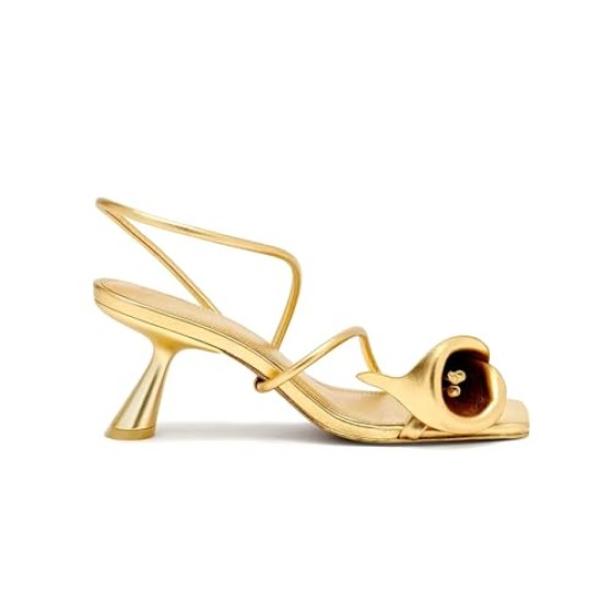 Women’s Elegant Floral Strappy Heeled Sandals – Square Toe Slingback Stiletto Heels, Calla Lily Design Dress Shoes for Party, Wedding, Evening