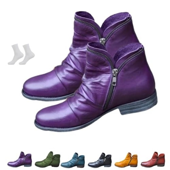 Orthopedic Boots Women's Vintage Casual Ankle Boots Leather Round Toe Side Zipper Booties Retro V Cut Combat Boots Comfortable Chunky Low Heel Short Boots Flats Walking Fall Winter Shoes