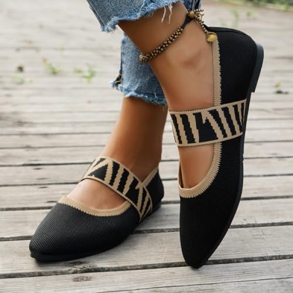Women's Flats Shoes Pointed Toe Knit Casual Ballet Flats Comfortable Dressy Mary Jane Flat Office Work Dress Shoes